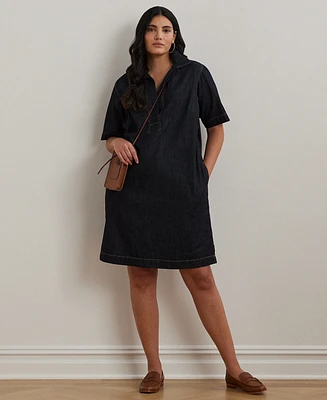 Women's Plus Short-Sleeve Denim Cotton Shift Dress