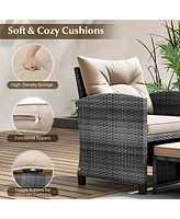 5 Piece Patio Rattan Furniture with 2 Ottomans & Tempered Glass Coffee Table