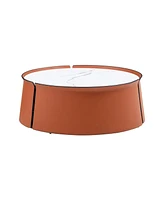 31.5" Coffee Table, Marble Top+Orange Saddle Leather Body+Iron Frame
