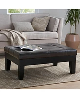 Elegant Storage Ottoman Brown Leather, Slide-Out Drawer, Hardwood Legs