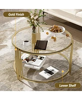 Modern Glass Coffee Table in 31.5", Asymmetrical Metal, Circular Metal Drum Base, Gold Finish & Lower Shelf