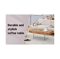 Natural Style Mdf Coffee Table - 39.3"x21.6" with Tempered Glass Legs.Density Board Sticker,Reinforced Glass