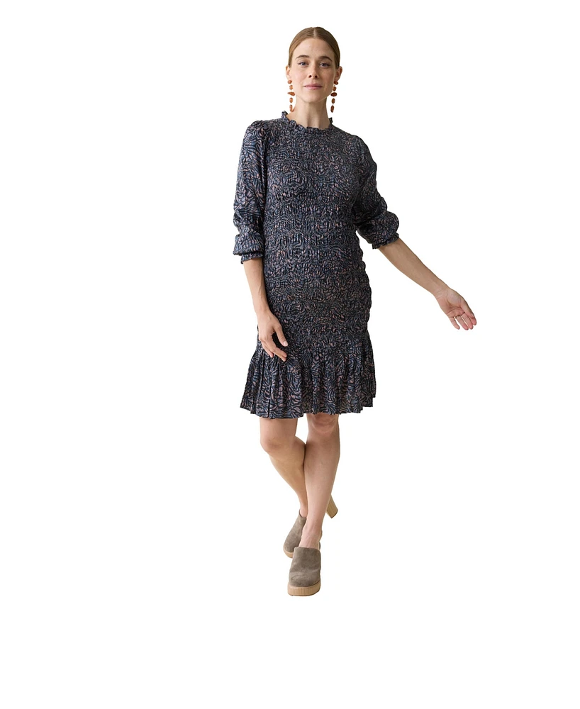 Ingrid + Isabel Maternity Short Smocked Occasion Dress Blue Tan Animal Floral Print Xl