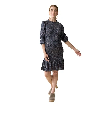 Ingrid + Isabel Maternity Short Smocked Occasion Dress Blue Tan Animal Floral Print Xl