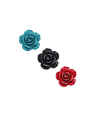 Bling Jewelry Set of Three Romantic Fashion Statement Floral Blooming 3D Carved Large Rose Flower Brooch Pin