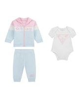 Guess Baby Girls 3-Piece Long Sleeve Zip-Up Colorblocked Sweatshirt, Short Bodysuit, and Pants Set