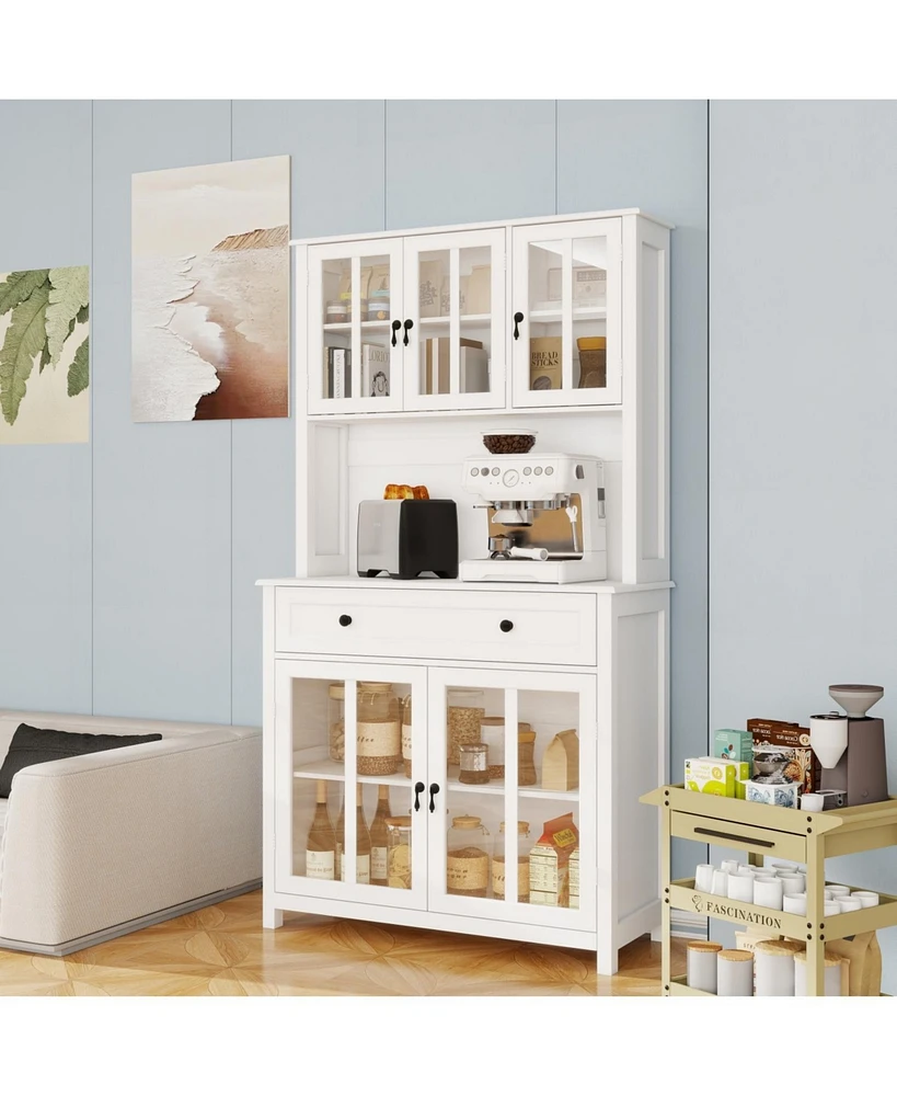 71" Pantry Cabinet w/ Microwave Counter, Adjustable Shelves - White
