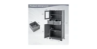 4 Door Freestanding Bathroom Floor Storage Cabinet with 2 Drawers and Glass Doors