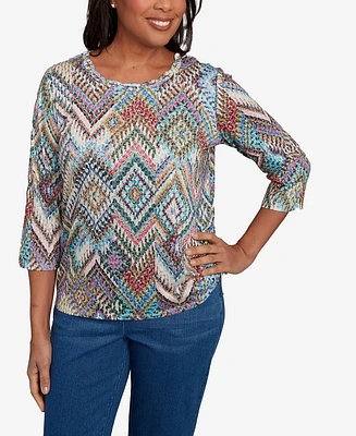 Alfred Dunner Petite El Paso Ikat Diamond Detailed Crew Neck Top