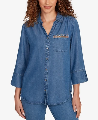Alfred Dunner Petite El Paso Embroidered Butterfly Button Front Top