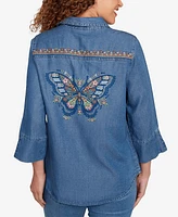Alfred Dunner Petite El Paso Embroidered Butterfly Button Front Top