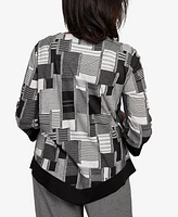 Alfred Dunner Petite Santa Barbara Patchwork Solid Black Trim Top