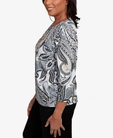 Alfred Dunner Petite Santa Barbara Reversible Paisley Crew Neck Top with Necklace