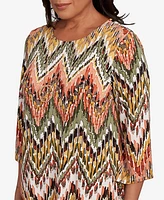 Alfred Dunner Petite Copper Canyon Ikat Chevron Crew Neck Top with Necklace