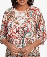 Alfred Dunner Petite Copper Canyon Textured Scroll Border Ruched Sleeves Crew Neck Top