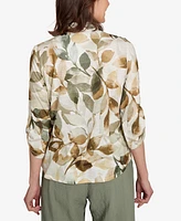 Alfred Dunner Petite Copper Canyon Knit Leaf Button Front Collared Top