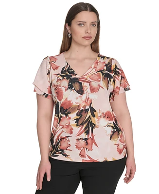 Calvin Klein Plus Placed-Print Flutter-Sleeve Top