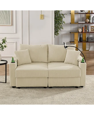 Loveseat Sofa with Storage & Charging Ports for Living Room, Beige Corduroy