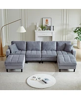122.5" Oversized U-Shaped Sofa, Corduroy Fabric Sectional with Pillows & Ottomans, Grey