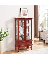 Lighted Glass Cabinet Glass Wine Cabinet Curio Display Cabinet with Adjustable Glass Shelves 2 Doors and 1 drawer Cabinet Bulb Included Cherry
