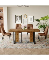 Wood-Textured Mdf Dining Set: 67" Table and 4 Brown Suede Chairs