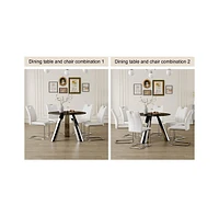 Round Stainless Steel Table and 4 White Dining Chairs with Silver Metal Legs