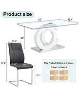 63" Glass Dining Table with 4 Pu Chairs in Black