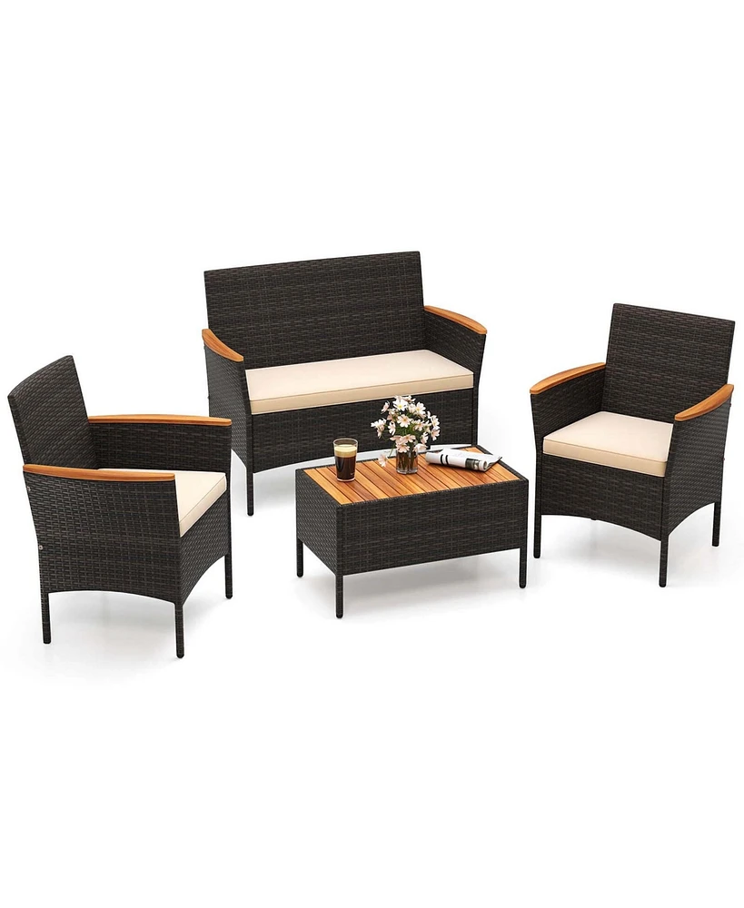 4 Pcs Patio Wicker Sofa Set with Coffee Table Acacia Wood Armrests & Tabletop