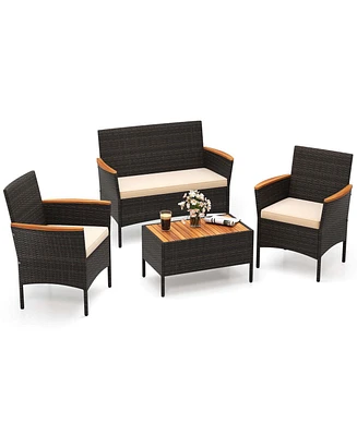 4 Pcs Patio Wicker Sofa Set with Coffee Table Acacia Wood Armrests & Tabletop
