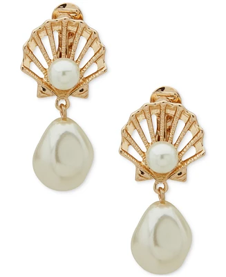 Anne Klein Gold-Tone Imitation Pearl Shell-Motif Clip-On Drop Earrings