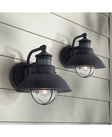 Oberlin Rustic Industrial Farmhouse Outdoor Barn Light Fixtures Set of 2 Black Dusk to Dawn Motion Sensor 9" Clear Seedy Glass for Exterior Deck