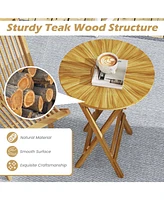 Patio Folding Side Table Teak Wood Round End Table with Slatted Tabletop and X-Shaped Frame