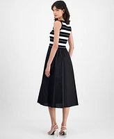 T Tahari Women's Striped-Bodice Mixed-Media Midi Dress