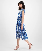 T Tahari Women's V-Neck Button-Front Fanned-Print Midi Dress
