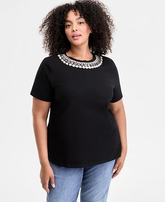 I.n.c. International Concepts Plus Embellished-Neck Cotton Top, Exclusively at Macy's