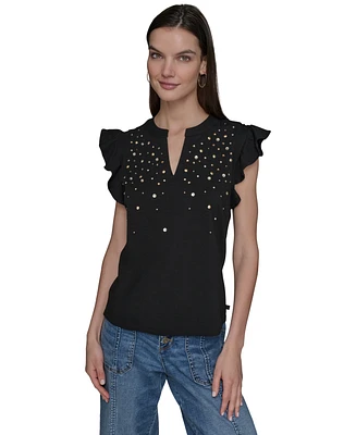 Karl Lagerfeld Paris Women's Studded Ruffle Knit Top