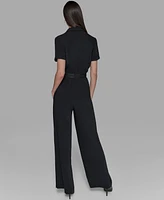Karl Lagerfeld Paris Petite Belted Short-Sleeve Button-Front Jumpsuit