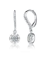 Sterling Silver White Gold Plating with Clear Cubic Zirconia Round Drop Earrings