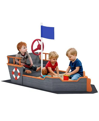 Outsunny 62 in. Wooden Kids box with Bottom Liner, Seats, Storage,