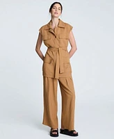 Kenneth Cole Womens Vision Twill Belted Cargo Vest Double Pleat Wide Leg Pants