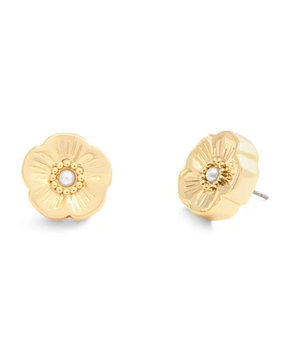 Coach Faux Cultivated Pearl Signature Heritage Tea Rose Stud Earrings