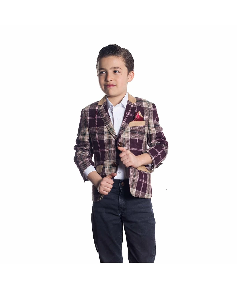 Elie Balleh Boys Wine Slim Fit Plaid Sports Coat