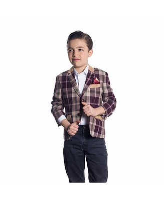 Elie Balleh Boys Wine Slim Fit Plaid Sports Coat