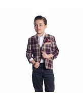 Elie Balleh Boys Wine Slim Fit Plaid Sports Coat