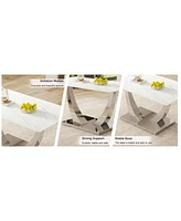 Modern Glass Dining Set: Marble Table & 6 Black Pu Chairs