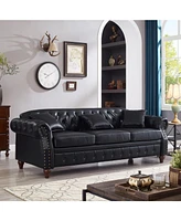 85.8" Chesterfield Sofa - Tufted Faux Leather - Black