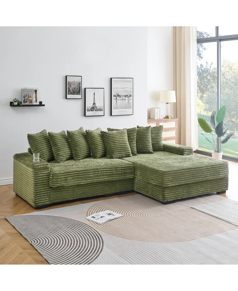 Green Corduroy Sofa w/ Cup Holders, Lockers & Reversible Chaise