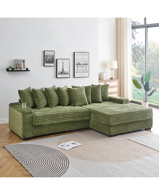 Green Corduroy Sofa w/ Cup Holders, Lockers & Reversible Chaise