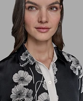 Karl Lagerfeld Paris Petite Floral Print Satin Button-Front Shirt