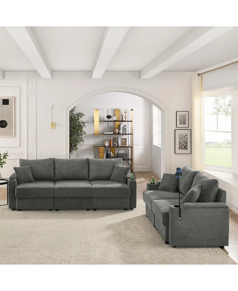 Modern 2-Piece Corduroy Sofa Set with Storage, Cup and Phone Holders